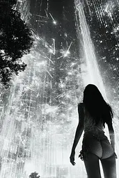 Midjourney generated image using SREF code Monochrome Shards: A woman standing in the rain with fireworks in the background.