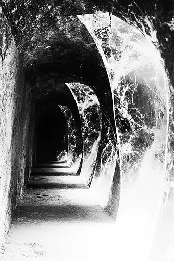 Midjourney generated image using SREF code Monochrome Shards: A black and white photo of a tunnel.