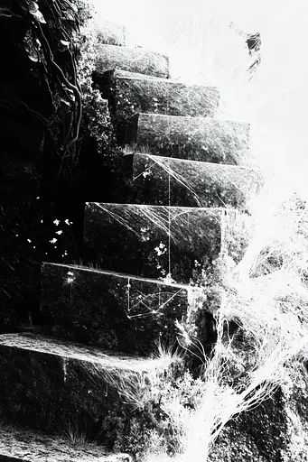 Midjourney generated image using SREF code Monochrome Shards: A black and white photo of a set of stairs.