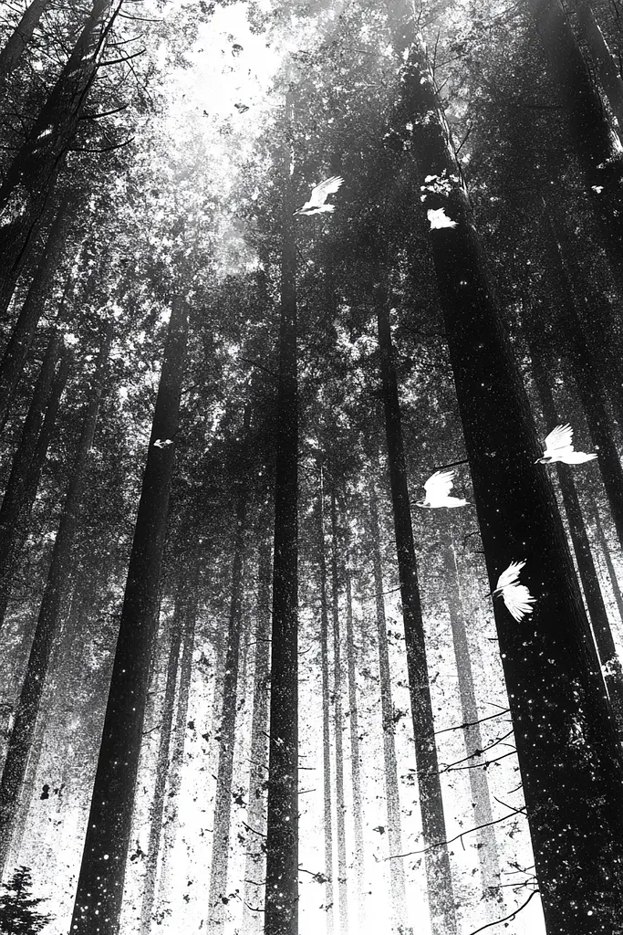 Midjourney generated image using SREF code Monochrome Shards: A black and white photo of a forest with birds flying in the air.