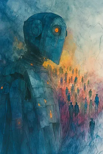 Midjourney generated image using SREF code Celestial Cascade: A painting of a robot standing in front of a crowd of people.