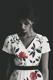 Midjourney generated image using SREF code Shadowed Bloom: A woman in a white dress with red flowers on it.