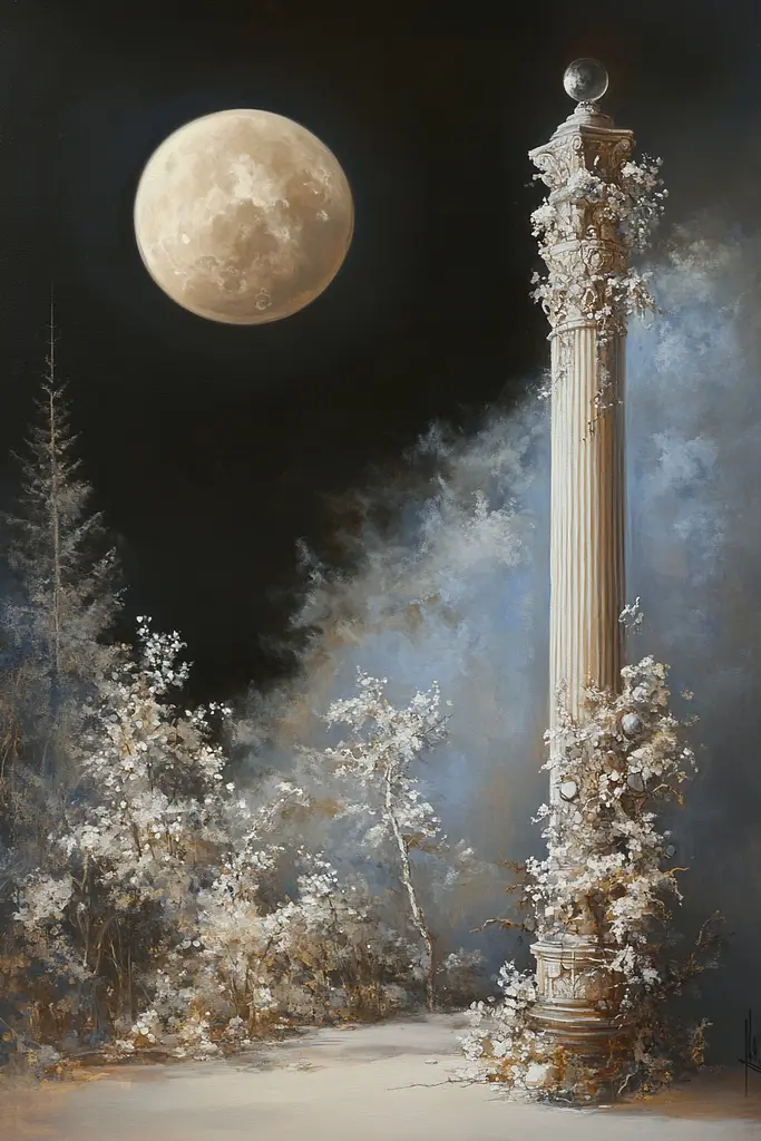 Midjourney generated image using SREF code Lunar Lullabies: A painting of a column in the middle of a snowy landscape.