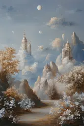 Midjourney generated image using SREF code Lunar Lullabies: A painting of a landscape with a castle in the clouds.