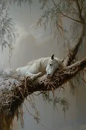 Midjourney generated image using SREF code Lunar Lullabies: A painting of a white horse sleeping on a tree branch.