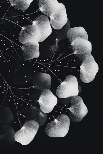 Midjourney generated image using SREF code Shadowed Bloom: A black and white photo of a bunch of leaves.