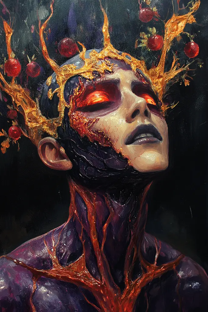 Midjourney generated image using SREF code Abyssal Masquerade: A painting of a man with a crown of pomegranates on his head.