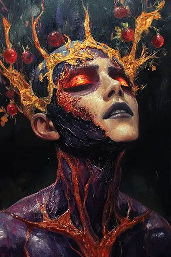 Midjourney generated image using SREF code Abyssal Masquerade: A painting of a man with a crown of pomegranates on his head.