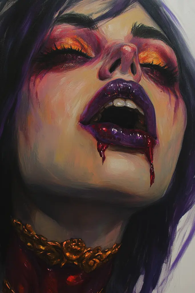 Midjourney generated image using SREF code Abyssal Masquerade: A painting of a woman with blood on her face.