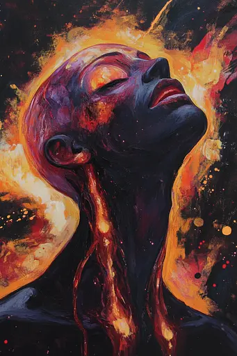 Midjourney generated image using SREF code Abyssal Masquerade: A painting of a woman with her eyes closed and her head in flames.