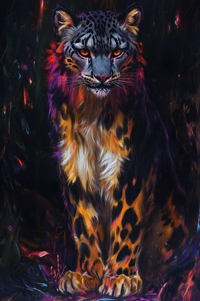 Midjourney generated image using SREF code Abyssal Masquerade: A painting of a leopard sitting in the dark.