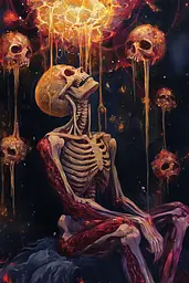 Midjourney generated image using SREF code Abyssal Masquerade: A painting of a skeleton sitting in front of a bunch of skulls.