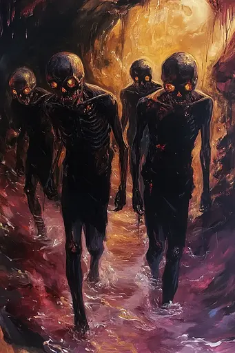 Midjourney generated image using SREF code Abyssal Masquerade: A painting of a group of zombies walking through a cave.