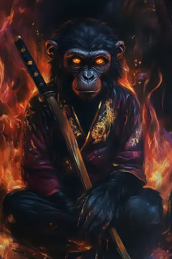 Midjourney generated image using SREF code Abyssal Masquerade: A painting of a monkey holding a sword in front of fire.