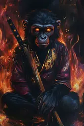 Midjourney generated image using SREF code Abyssal Masquerade: A painting of a monkey holding a sword in front of fire.