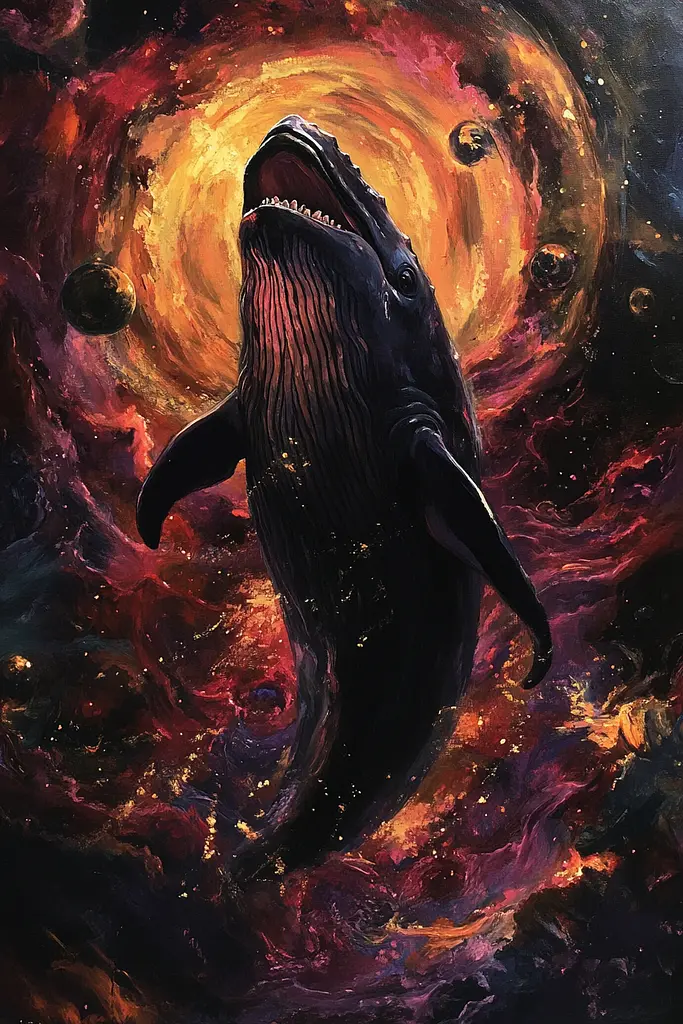 Midjourney generated image using SREF code Abyssal Masquerade: A painting of a whale with its mouth open in space.