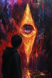 Midjourney generated image using SREF code Abyssal Masquerade: A painting of a person standing in front of an eye.