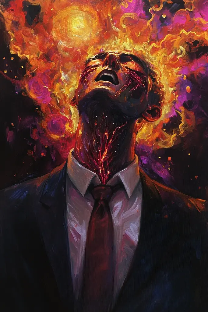 Midjourney generated image using SREF code Abyssal Masquerade: A painting of a man in a suit and tie with fire coming out of his head.