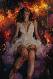 Midjourney generated image using SREF code Abyssal Masquerade: A painting of a woman in a white dress sitting on a fire.