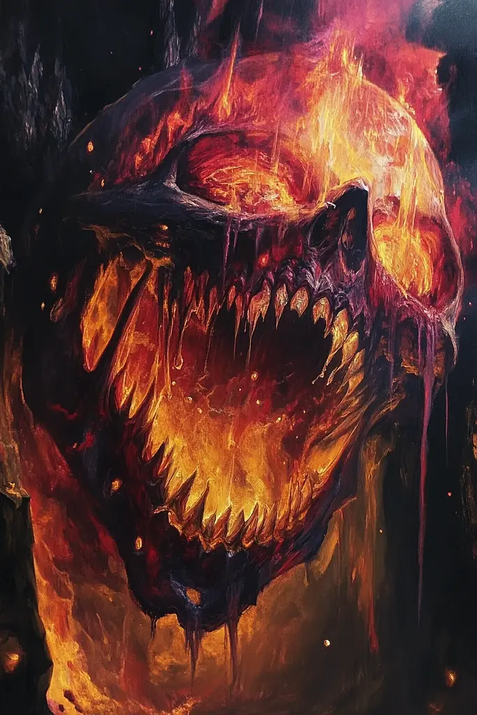 Midjourney generated image using SREF code Abyssal Masquerade: A painting of a demonic skull with flames coming out of it.