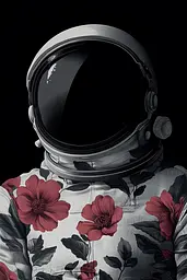 Midjourney generated image using SREF code Shadowed Bloom: A man in an astronaut suit with flowers on his back.