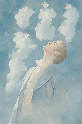 Midjourney generated image using SREF code Elysian Wash: A painting of a man looking up at the sky.