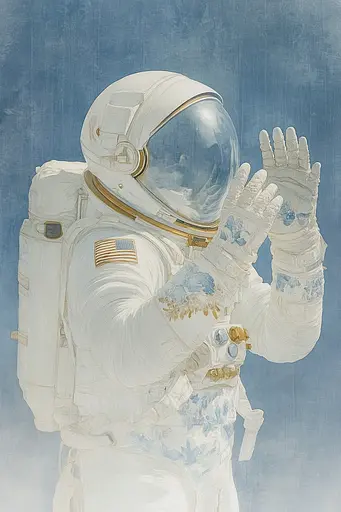 Midjourney generated image using SREF code Elysian Wash: A painting of an astronaut in a space suit.