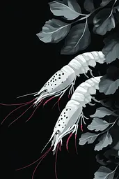 Midjourney generated image using SREF code Shadowed Bloom: A black and white illustration of two shrimp on a branch.