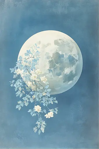 Midjourney generated image using SREF code Elysian Wash: A painting of a full moon with white flowers on it.