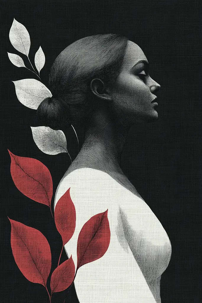 Midjourney generated image using SREF code Shadowed Bloom: A black and white photo of a woman with red leaves in her hair.