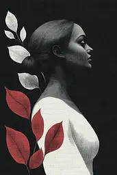 Midjourney generated image using SREF code Shadowed Bloom: A black and white photo of a woman with red leaves in her hair.