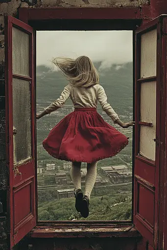 Midjourney generated image using SREF code RED SUBURBIA: A little girl in a red dress is looking out of an open window.