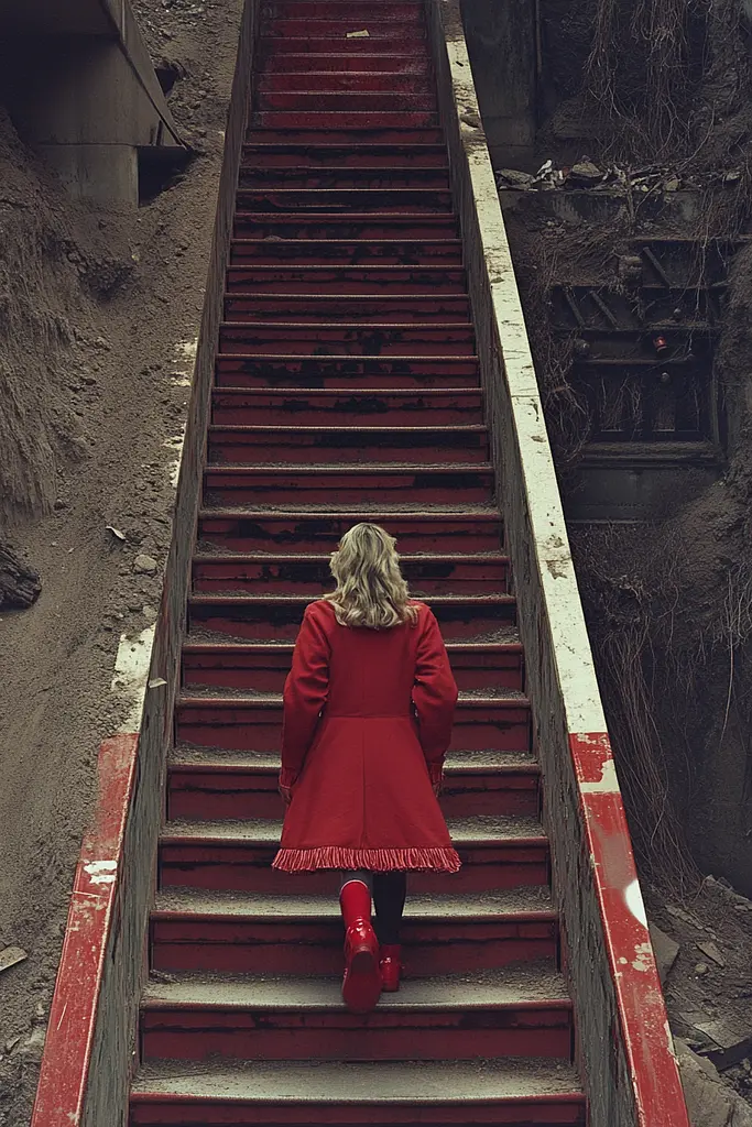 Midjourney generated image using SREF code RED SUBURBIA: A woman in a red coat is walking up some stairs.