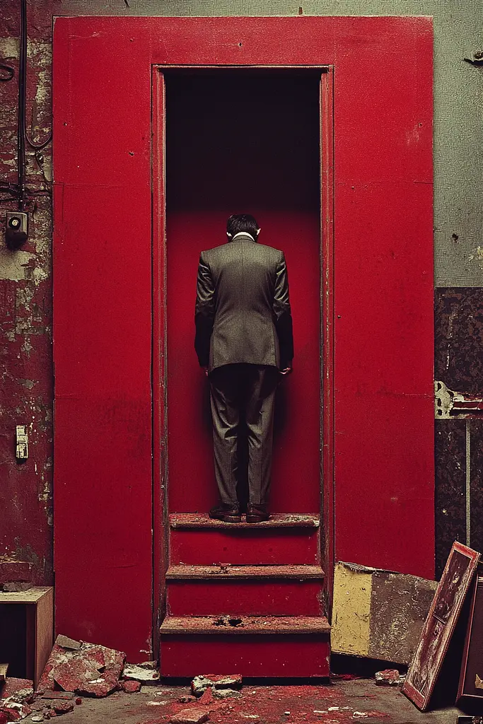 Midjourney generated image using SREF code RED SUBURBIA: A man in a suit standing on a red door.