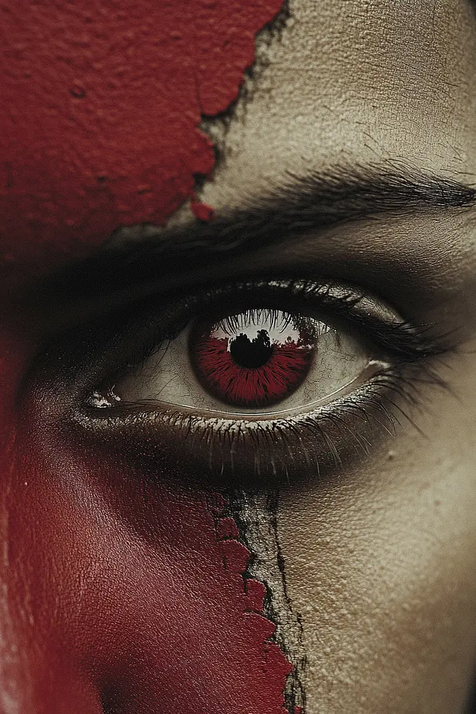 Midjourney generated image using SREF code RED SUBURBIA: A close up of a woman's eye with red paint on it.