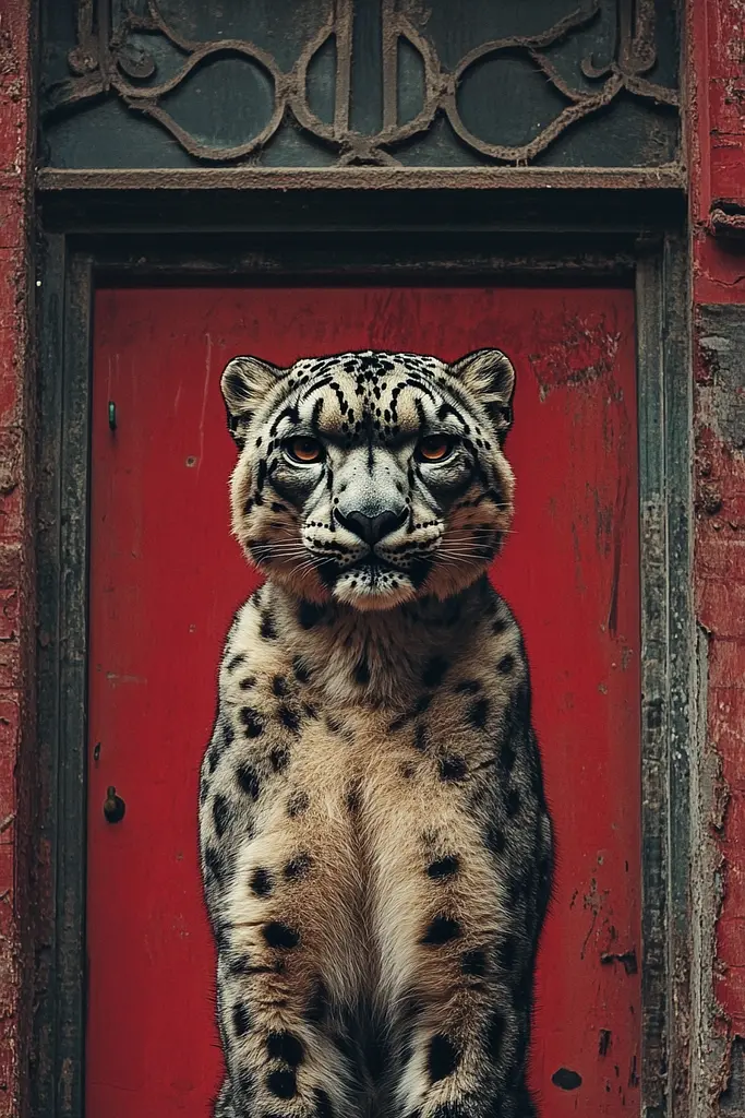 Midjourney generated image using SREF code RED SUBURBIA: A leopard standing in front of a red door.