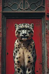 Midjourney generated image using SREF code RED SUBURBIA: A leopard standing in front of a red door.