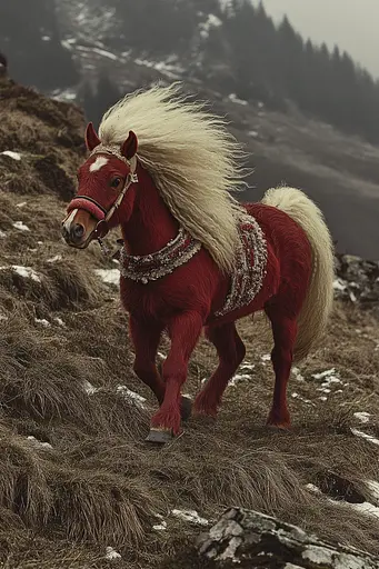 Midjourney generated image using SREF code RED SUBURBIA: A red horse with a long mane walking on a hillside.