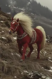 Midjourney generated image using SREF code RED SUBURBIA: A red horse with a long mane walking on a hillside.