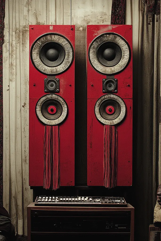 Midjourney generated image using SREF code RED SUBURBIA: A pair of red speakers sitting on top of a wooden table.