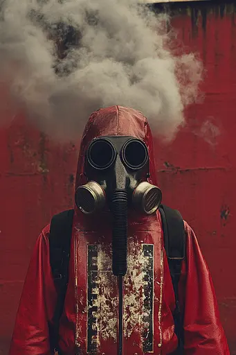 Midjourney generated image using SREF code RED SUBURBIA: A man wearing a gas mask standing in front of a red wall.