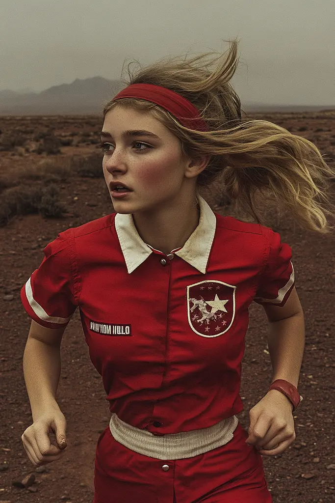 Midjourney generated image using SREF code RED SUBURBIA: A woman in a red uniform running in the desert.