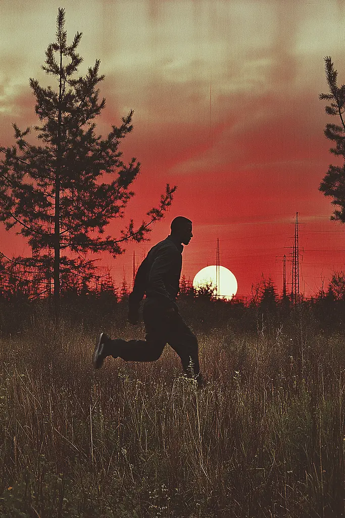 Midjourney generated image using SREF code RED SUBURBIA: A man running through a field with a sunset in the background.