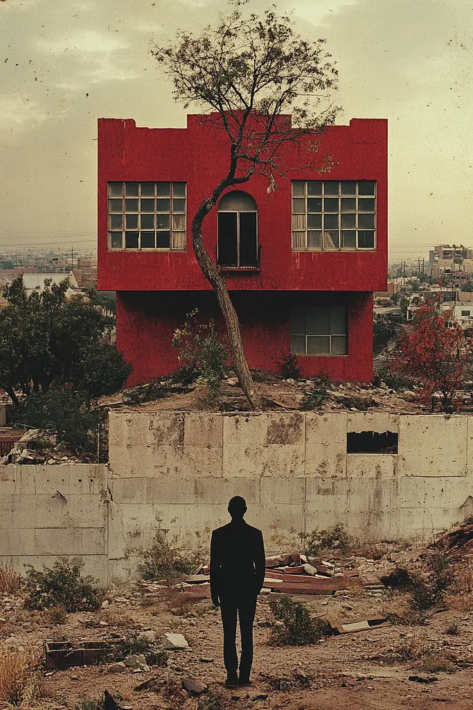 Midjourney generated image using SREF code RED SUBURBIA: A man standing in front of a red building with a tree growing out of it.