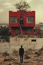 Midjourney generated image using SREF code RED SUBURBIA: A man standing in front of a red building with a tree growing out of it.