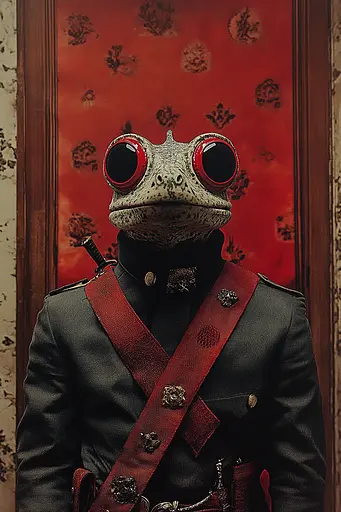 Midjourney generated image using SREF code RED SUBURBIA: A frog dressed in a military uniform with red eyes.