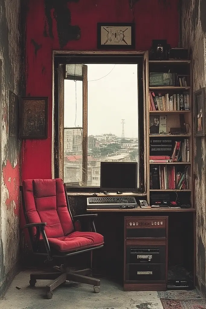 Midjourney generated image using SREF code RED SUBURBIA: A red chair sitting in front of a computer desk.