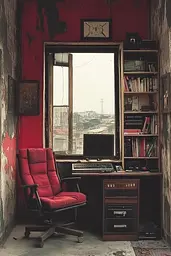 Midjourney generated image using SREF code RED SUBURBIA: A red chair sitting in front of a computer desk.