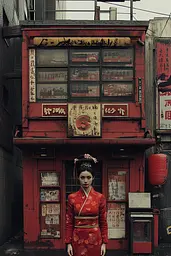 Midjourney generated image using SREF code RED SUBURBIA: A woman in a red dress standing in front of a red building.