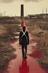 Midjourney generated image using SREF code RED SUBURBIA: A man walking down a dirt road covered in blood.